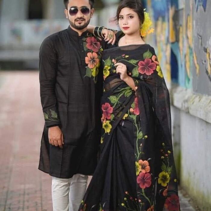 হ্যান্ডপেইন্টেড হাফসিল্ক শাড়ি এবং ধুপিয়ান কটন পাঞ্জাবি cd-02