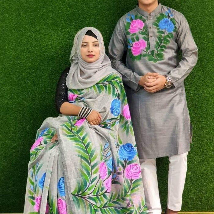 হ্যান্ডপেইন্টেড হাফসিল্ক শাড়ি এবং ধুপিয়ান কটন পাঞ্জাবি cd-03