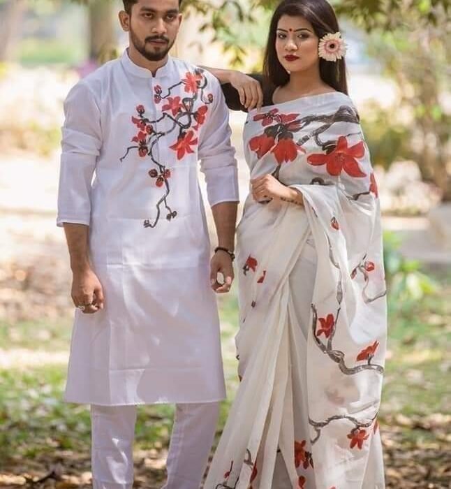 হ্যান্ডপেইন্টেড হাফসিল্ক শাড়ি এবং ধুপিয়ান কটন পাঞ্জাবি cd-05