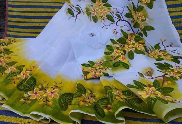 হ্যান্ডপেইন্টেড হাফসিল্ক শাড়ি এবং ধুপিয়ান কটন পাঞ্জাবি cd-08