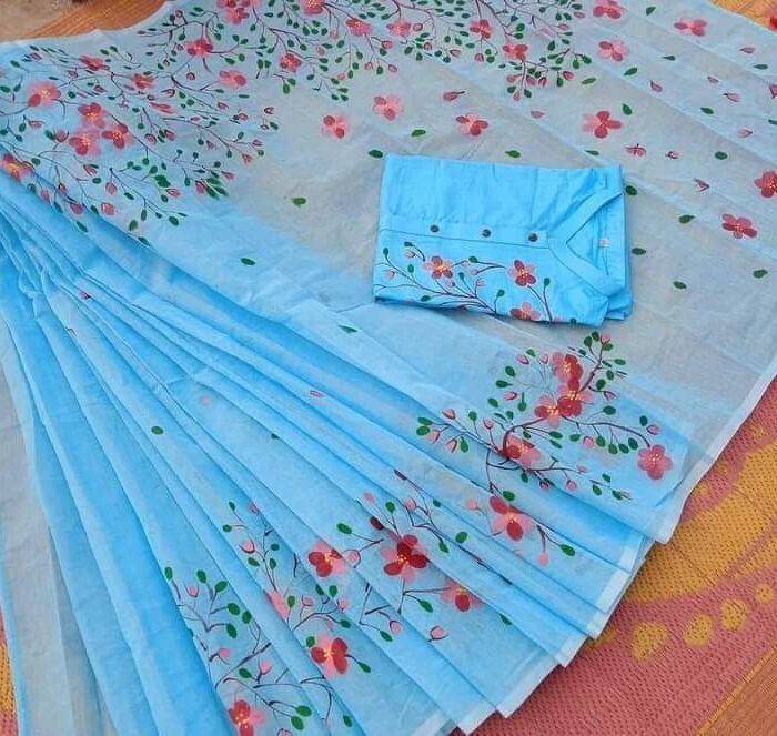 হ্যান্ডপেইন্টেড হাফসিল্ক শাড়ি এবং ধুপিয়ান কটন পাঞ্জাবি cd-11