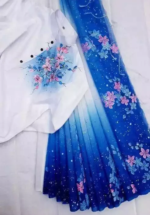 হ্যান্ডপেইন্টেড হাফসিল্ক শাড়ি এবং ধুপিয়ান কটন পাঞ্জাবি cd-17