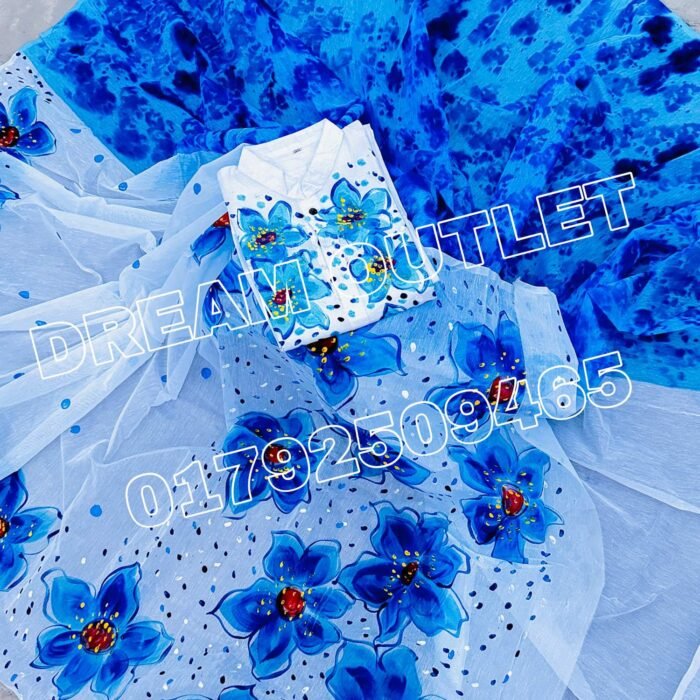 হ্যান্ডপেইন্টেড হাফসিল্ক শাড়ি এবং ধুপিয়ান কটন পাঞ্জাবি cd-28