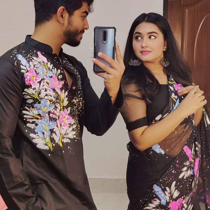 হ্যান্ডপেইন্টেড হাফসিল্ক শাড়ি এবং ধুপিয়ান কটন পাঞ্জাবি cd-29