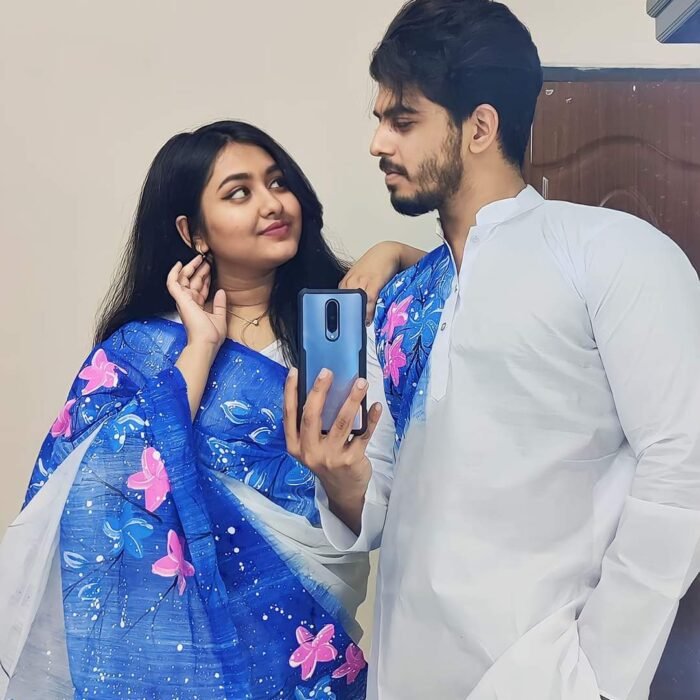 হ্যান্ডপেইন্টেড হাফসিল্ক শাড়ি এবং ধুপিয়ান কটন পাঞ্জাবি cd-30